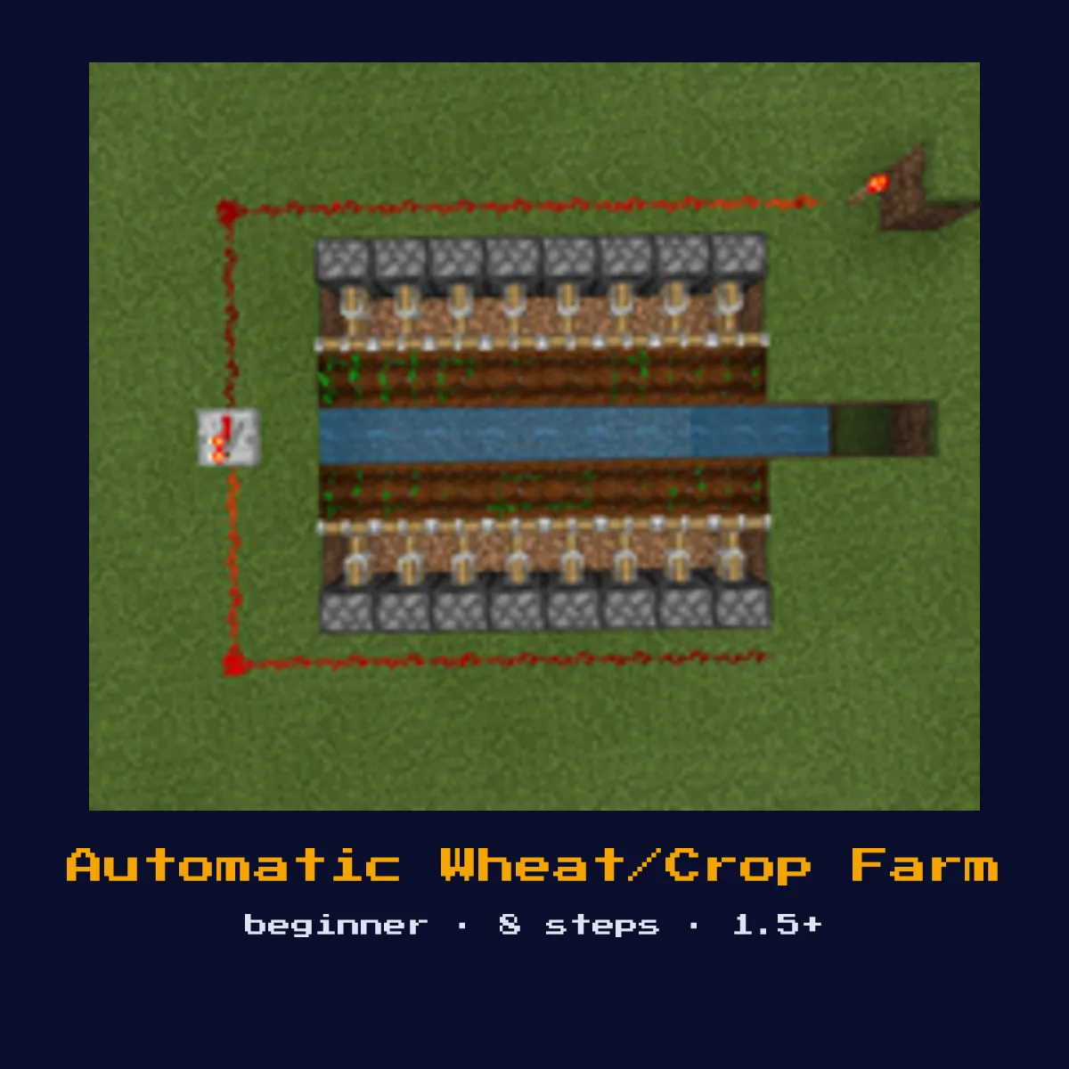Automatic Wheat/Crop Farm built in Minecraft redstone, 9W x 9L x 2H
